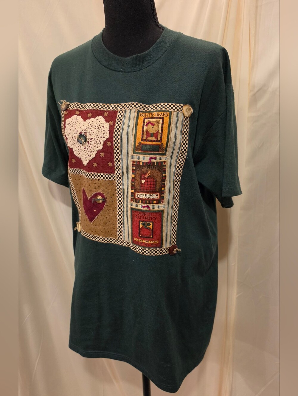 Vintage 90s Jerzees Country Patchwork Quilt Graphic Tee Size Medium Retro